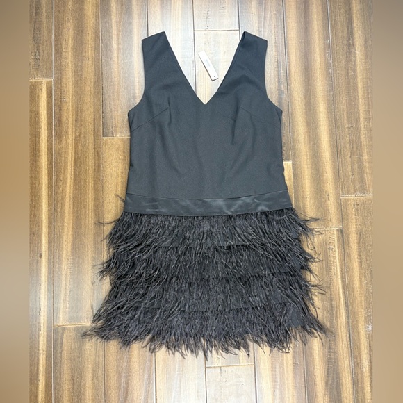 NWT Ark & Co size M Black Tiered Feather Skirt V Neck Mini Dress Sleeveless - Picture 2 of 8